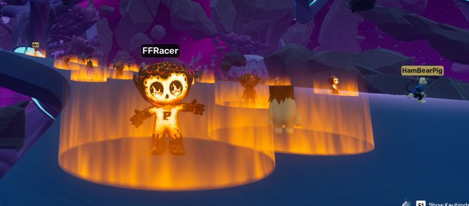 A video game screenshot shows pixelated cartoon characters, including one labeled 'FFRacer,' standing in glowing orange cylinders within a purple-hued environment.