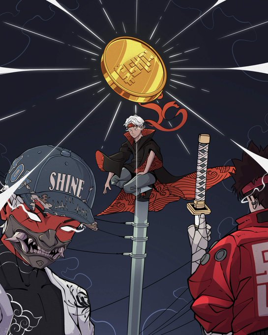 The illustration shows a white-haired character perched on a sword with a glowing "$SHIN" coin hovering above them, flanked by a red demon-like figure wearing a "SHINE" cap and another figure holding a sword. The artwork visually reinforces the post's teaser, depicting the "$SHIN" coin as a legendary, almost divine artifact—emphasizing the claim that it's not just a memecoin but something more substantial being unveiled.