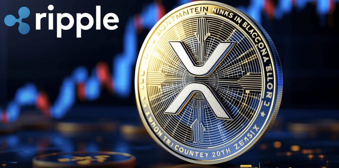 The image shows a large gold Ripple/XRP coin with intricate circuitry designs, prominently featuring the XRP logo in the center and inscriptions including "LIGHTMNTNTEIN," "LINKS IN $LACCOIN," "ETLOEZ," alongside the Ripple logo and "ripple" text in the upper left corner, set against a dark background with blurred candlestick trading charts. This visual ties to Ripple's monthly escrow unlock of 1 billion $XRP tokens, reinforcing the article's focus on XRP's price movement around $1.33 and its strong 28% August rally.