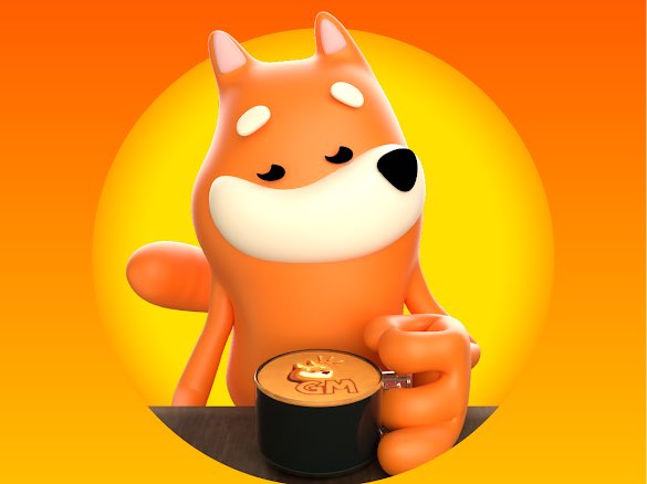 The image features a cartoon dog holding an orange cup of coffee, with the text "BONK Morning It's Friday The coffee is hitting The swaps are waiting". This suggests that the dog might be enjoying its morning coffee while watching the clock or waiting for someone else to join him.
