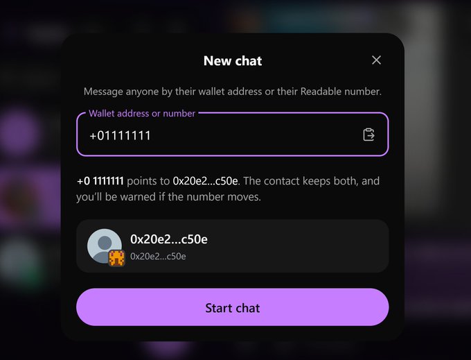 A 'New chat' interface prompts for a wallet address or Readable number, showing +01111111 pointing to 0x20e2...c50e with a Start chat button.