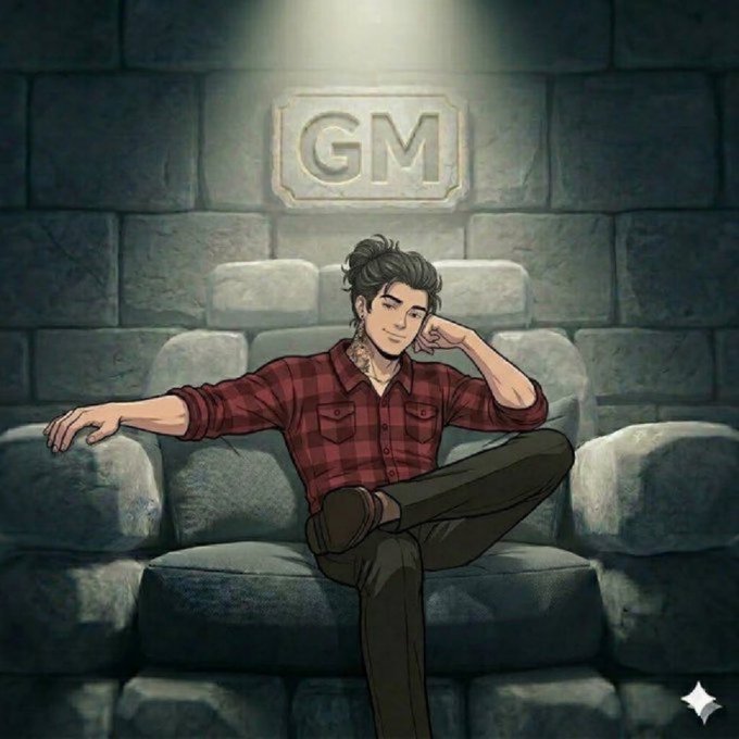 A digital drawing of a man with dark hair and tattoos sitting on a stone throne with a 'GM' plaque above him.
