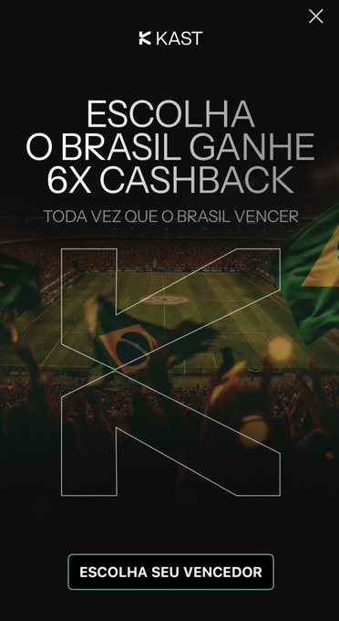 Kast promotional banner reading 'ESCOLHA O BRASIL GANHE 6X CASHBACK TODA VEZ QUE O BRASIL VENCER' over a soccer stadium with fans and a Brazilian flag, with a 'ESCOLHA SEU VENCEDOR' button.
