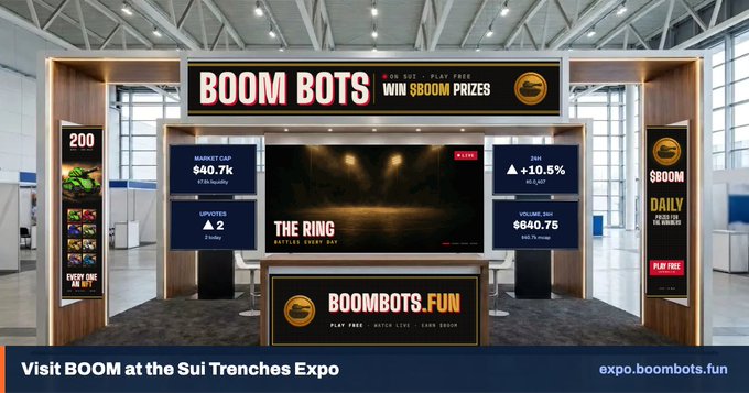 A promotional banner for BOOM BOTS at the Sui Trenches Expo (expo.boombots.fun) showing market data with a market cap of $40.7k, $840.75 in prizes, and an up 10.5% indicator.