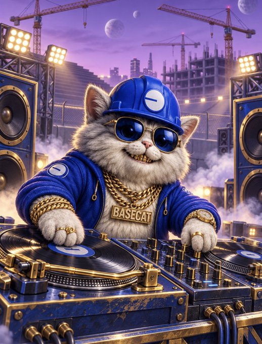 A stylish cat DJ wearing a blue cap, sunglasses, and a gold "BASECAT" chain mans the turntables at a rooftop concert, fitting the post's announcement of the $BASECAT Series 1 Collection drop on @setzapp, where onchain collectibles bring the Base trenches back to life.