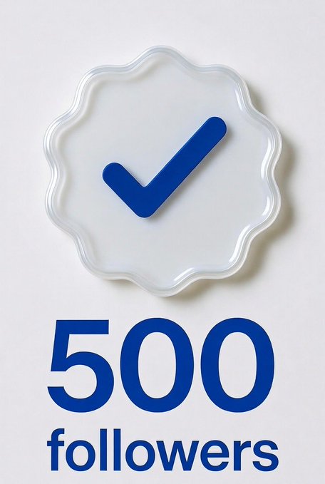 A clean, minimal design celebrating "500 followers" with a blue checkmark inside a white badge-shaped emblem.