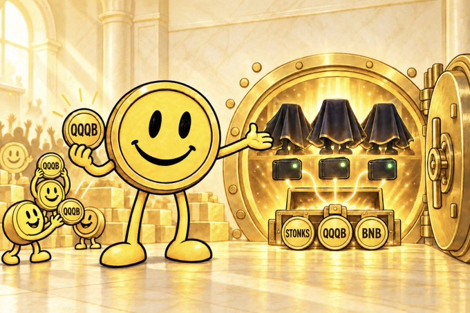 A large golden smiley coin labeled "QQQB" holds up a smaller version, while an open vault reveals three mystery prizes and treasure chests marked "STONKS," "QQQB," and "BNB," illustrating the upcoming airdrop rewards and on-chain wallet launches for STONKS holders.