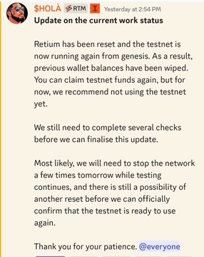 A message from '$HOLA' and 'RTM' titled 'Update on the current work status', explaining that 'Rerum has been reset and the testnet is now running again from genesis' and recommending not to use the testnet yet.