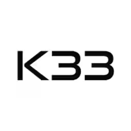 The image displays the K33 logo, featuring bold black lettering with a stylized "K" against a plain white background. The logo represents K33, the company referenced in the post reporting that July Bitcoin spot trading volume is on pace for its weakest month since November 2023.