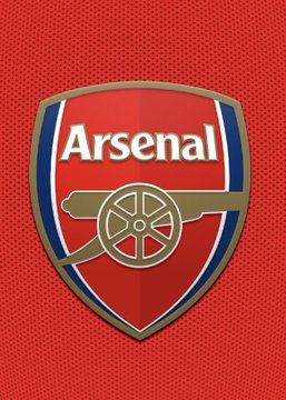 The Arsenal FC crest, featuring the club's iconic cannon emblem and name, is displayed against a red background, representing the defending Premier League champions as they prepare to open the new season against Coventry City.