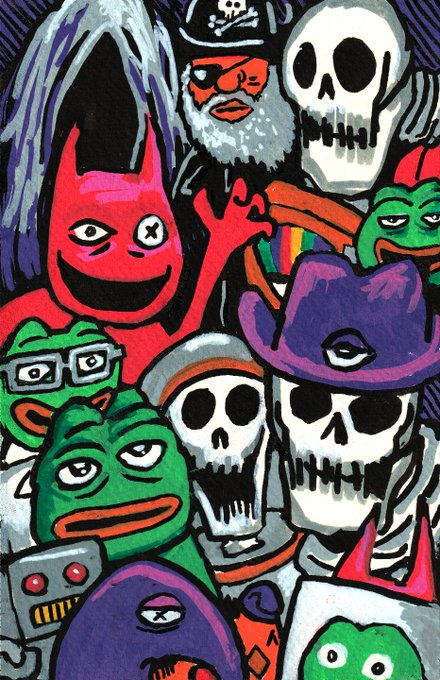 A vibrant, colorful painting or illustration featuring a crowded composition of various cartoonish monsters, skulls, ghosts, and characters in a chaotic, stylized arrangement.