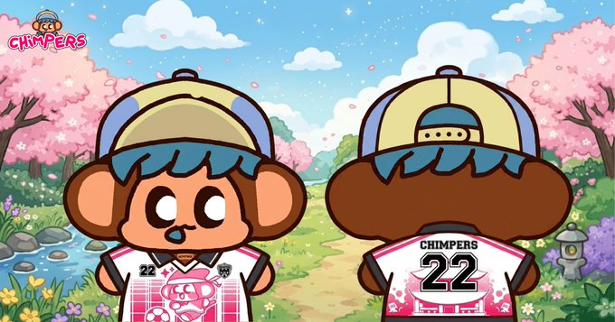 Digital artwork shows the front and back views of a cartoon chimpanzee mascot character wearing a pink and white baseball jersey with the number 22 and a 'Chimpers' cap, set against a cherry blossom landscape.