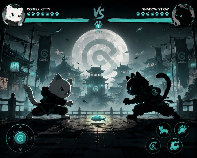 A fighting game screenshot titled 'COINEX KITTY VS SHADOW STRAY' showing two cat-like characters facing off under a full moon, with a fish on the ground between them.