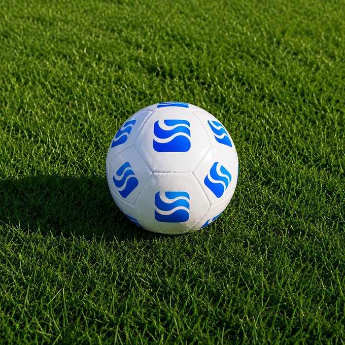 A white soccer ball decorated with blue wave-like logos rests on green grass, casting a shadow to the left.