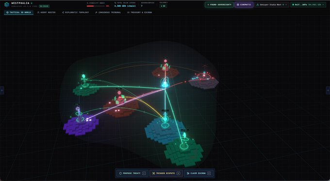 A screenshot from the game 'MEOWMALLS' displays a tactical 3D grid view with units connected by colored laser lines (green, orange, blue) on hexagonal platforms, with tabs for 'TACTICAL 3D WORLD', 'AGENT MASTER', 'RESOURCES', and other menu options.