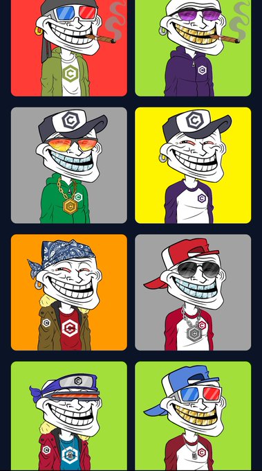 A collage features eight stylized cartoon characters with oversized grinning smiles, each wearing different colored clothing, caps, and sunglasses or hats, each with a "C" logo.