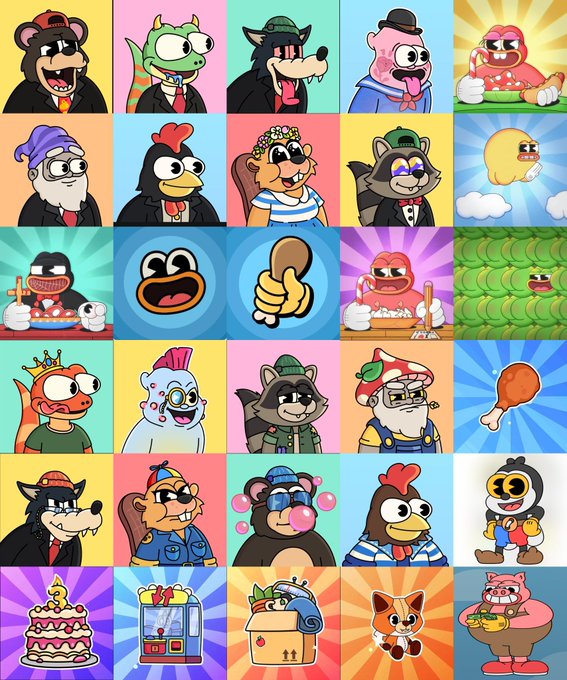A colorful grid of 30 cartoon character icons featuring various animals, food items, and objects with expressive faces on bright, multi-colored backgrounds.