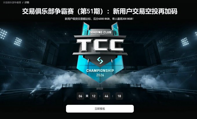 The image displays a promotional graphic for the 51st Trading Club Championship (TCC 2026) on Bitget, featuring a countdown timer showing 06 days, 12 hours, 46 minutes, and 18 seconds until the event ends. The post highlights special perks for new users, including a 100% winning mystery box for registering, depositing 200U, and trading 100U, with prizes ranging from 100U contract vouchers to various spot cash vouchers.