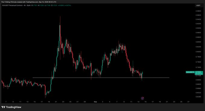 The image shows a 4-hour candlestick chart of the SUI/USDT perpetual contract on Bybit, with SUI currently trading at $0.7133. A horizontal white line marks the key demand zone near $0.69, illustrating the critical support level the post references that needs to hold for the long position to remain valid.