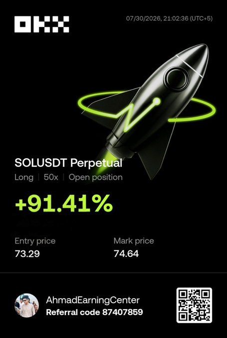 An OKX promotional graphic showing a rocket with the text "SOLUSDT Perpetual Long | 50x | Open position" and a profit of "+91.41%," including a referral code "87407859" for "AhmadEarningCenter".