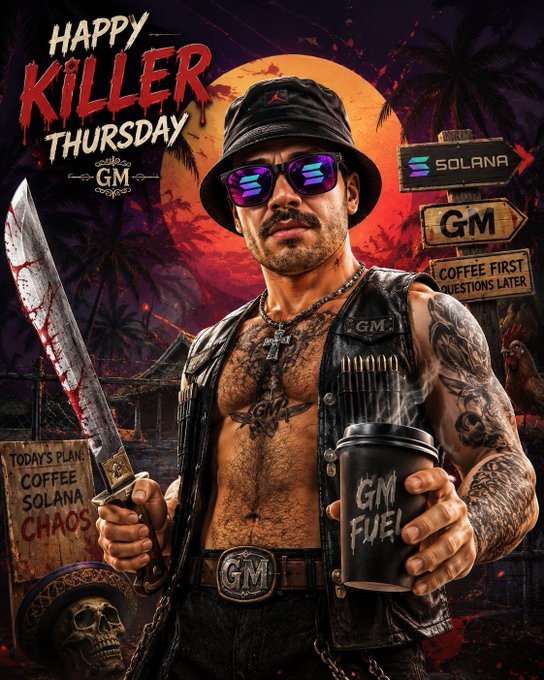 A digital illustration of a muscular, tattooed man in a bucket hat and sunglasses holding a bloody knife and a 'GM FUEL' coffee cup, with text reading 'HAPPY KILLER THURSDAY' alongside Solana and GM signs.