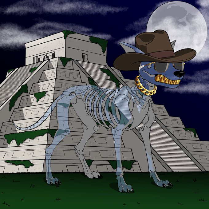 An illustration of a skeletal dog wearing a cowboy hat and gold chain, standing in front of a Mayan pyramid under a full moon.