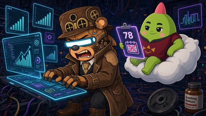 A cartoon illustration of a steampunk bear with glowing glasses typing on a futuristic keyboard alongside a green character holding a clipboard showing "78" and a pill bottle labeled "Scoathing Scuttusx".