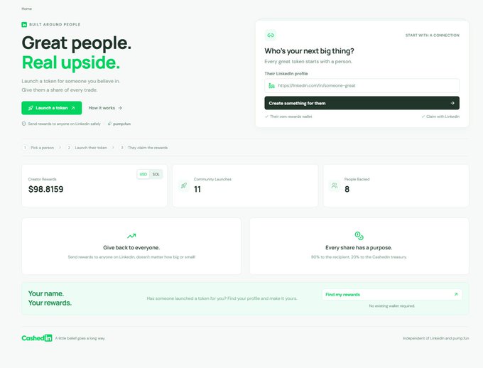 Screenshot of the CashedIn website showing a dashboard for launching and claiming tokens, with $98.8159 in creator rewards, 11 community launches, and 8 people backed.