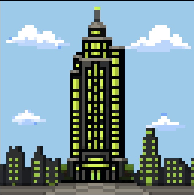 A pixel art illustration of a tall skyscraper with glowing yellow-green windows, set against a blue sky with white clouds and smaller buildings on either side.