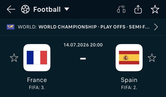 The image shows a mobile sports app interface for a football match prediction, displaying a World Championship Semi-Final between France (FIFA: 3) and Spain (FIFA: 2) on 14.07.2026 at 20:00. The post is hosting a giveaway of 1 SOL to a lucky participant who correctly predicts the scoreline and last goalscorer for this high-stakes matchup.