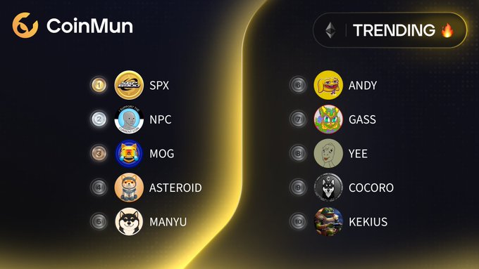 A CoinMun "Trending" leaderboard ranks the top 10 meme tokens, with SPX at #1, NPC at #2, MOG at #3, ASTEROID at #4, MANYU at #5, ANDY at #6, GASS at #7, YEE at #8, COCORO at #9, and KEKIUS at #10. The post highlighting $NPC corresponds to its #2 position on the trending list.