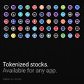An advertisement displaying "Tokenized stocks. Available for any app." beneath a grid of various colorful app icons on a black background.