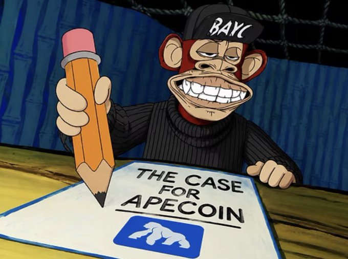 A cartoon Bored Ape wearing a black 'BAYC' cap holds a large pencil over a document titled 'THE CASE FOR APECOIN' with the ApeCoin logo.