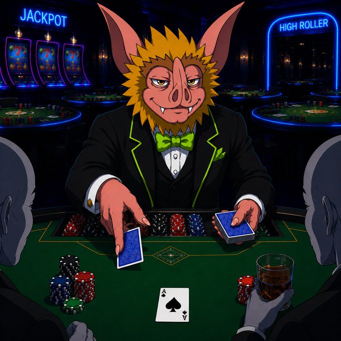 An anthropomorphic pig-like creature in a green bow tie and tuxedo deals cards at a casino table, with "JACKPOT" and "HIGH ROLLER" neon signs glowing in the background. The image visually reinforces the post's poker/gambling metaphor about the "hoodrat" team's desperate tactics, depicting the smooth operator dealing from the bottom of the deck.
