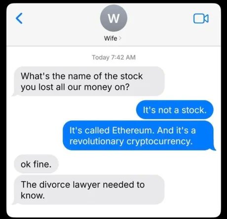 The image shows a text message conversation between two people, with one person typing out a message about Ethereum and Cryptocurrency. The other person responds by asking if they know anything about Bitcoin or Etherium.