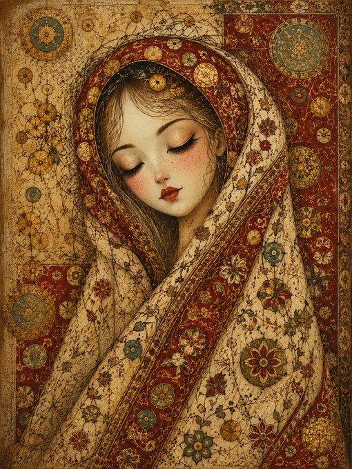 A serene portrait of a woman with closed eyes, adorned in a richly patterned floral shawl against an ornate tapestry background, titled "Silent Majesty" as the artist's first limited edition (1/1) piece being auctioned on TransientLabs.
