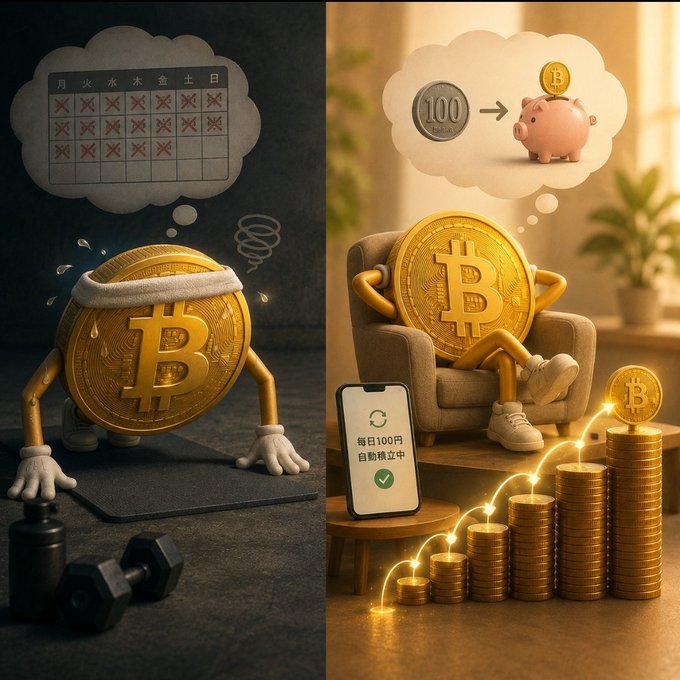 The image contrasts two anthropomorphized Bitcoin figures: one struggling through a grueling daily exercise routine (sweating with weights, dreaming of an exhausting calendar of crossed-out days), versus another lounging comfortably in an armchair while a phone automatically invests 100 yen daily, growing a stack of coins. The text "每日100円 自動積立中" (Automatic investment of 100 yen per day in progress) and the "100 → piggy bank" thought bubble visually reinforce the post's message that effortless, automated exchange-based investing is far more sustainable than willpower-driven habits like daily exercise.