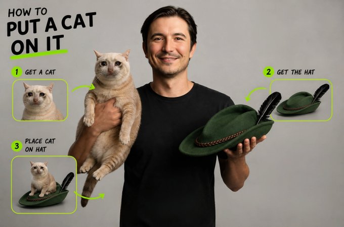 A man holds a cat and a green hat, with an instructional infographic titled 'HOW TO PUT A CAT ON IT' showing steps: '1 GET A CAT', '2 GET THE HAT', '3 PLACE CAT ON HAT'.