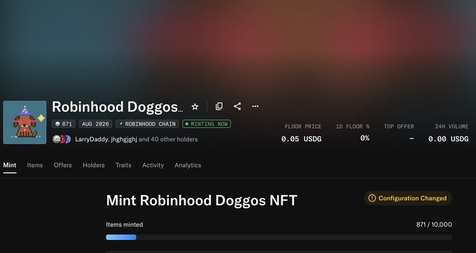 A screenshot of an OpenSea collection page shows a counterfeit "Robinhood Doggos" NFT with 871 items minted out of 10,000 on the Robinhood Chain, currently displaying a 0.00 USDC 24-hour volume, indicating an apparent scam mint attempting to impersonate the original Robinhood Doggos brand.