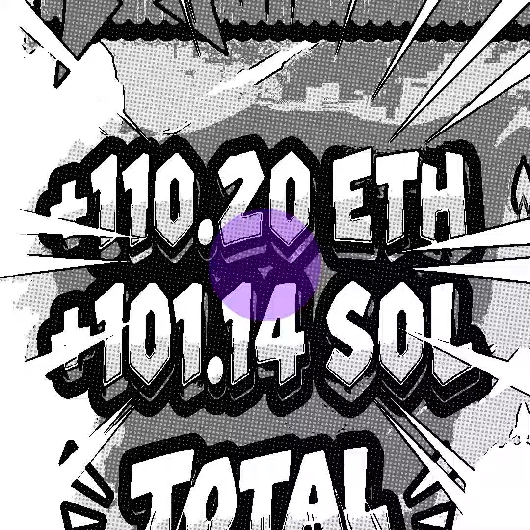 A stylized comic-book graphic announcing '$100,000,000 ETH SOL TOTAL' with a purple circle overlay and dynamic action lines.
