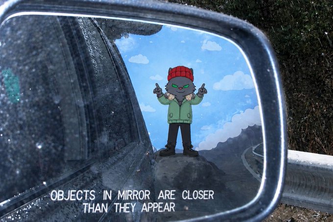 A side mirror sticker shows a cartoon gray cat with a red beanie and green jacket, standing on a rock with the text 'OBJECTS IN MIRROR ARE CLOSER THAN THEY APPEAR'.