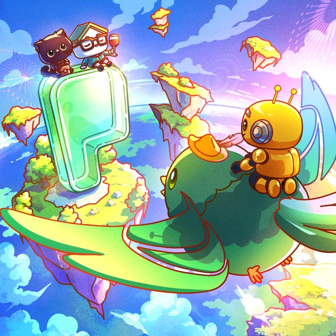 A vibrant illustration shows cartoon characters riding a large green fish-like creature through a sky filled with floating islands, alongside a green P-shaped figure.