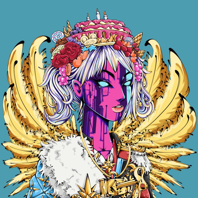 A vibrant illustration depicts a purple-skinned angelic figure with golden wings, white hair, and glowing blue eyes, wearing a crown adorned with a birthday cake, candles, roses, and sweets. The image ties into the post by serving as a celebratory NFT-style artwork from the @Nuddies_ collection, likely being airdropped to Nu Holders as a festive "cake-topped" reward.