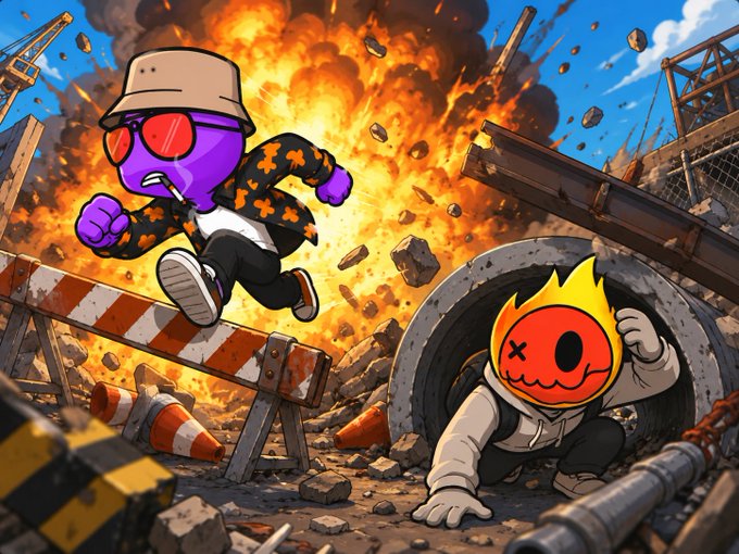 A vibrant cartoon illustration showing a purple character with a bucket hat and sunglasses running from a massive explosion, while a flame-headed character with an 'X' eye crawls out of a pipe amid construction debris.
