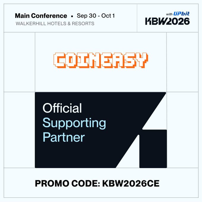 A promotional graphic for KBW2026 Main Conference at Walkerhill Hotels & Resorts on Sep 30-Oct 1, with 'UPbit', featuring Coineasy as an 'Official Supporting Partner' with promo code 'KBW2026CE'.