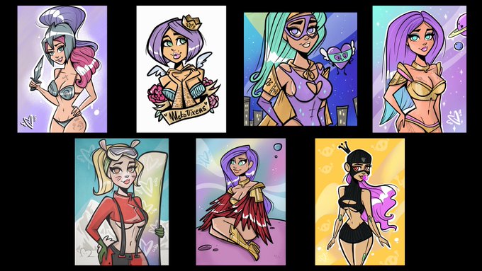 A collection of seven cartoon-style female character portraits with vibrant hair colors (purple, teal, pink), some featuring angel wings, crowns, and a baseball bat.