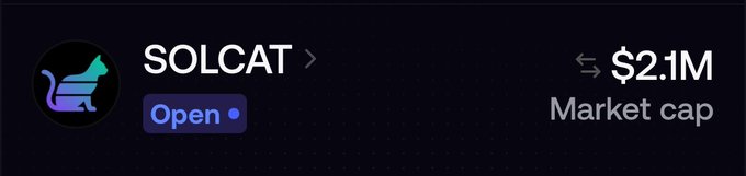 The image displays a Solana token listing for "SOLCAT" with a market cap of $2.1M, marked as "Open," aligning with the post's mention of a Solana-shilled $SOLCAT token (despite the cat icon clearly depicting a dog-like mascot).