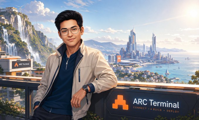 A digital illustration of a young man wearing glasses and a beige jacket, leaning on a railing with 'ARC Terminal' branding, set against a backdrop of waterfalls and a futuristic coastal city.