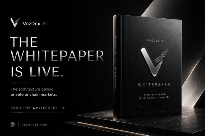 A premium promotional image shows the VozDex AI logo alongside bold text reading "THE WHITEPAPER IS LIVE," featuring a sleek black hardcover book titled "VOZDEX AI WHITEPAPER — Architecture for Private Onchain Markets" displayed on a dark marble pedestal. The visual reinforces the post's announcement by presenting the whitepaper as a tangible, authoritative blueprint that materializes VozDex AI's vision of liquid yield and privacy-first onchain markets into a published document.