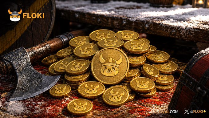 A pile of golden coins engraved with a Viking-dog face emblem sits beside a battle-worn axe on a wooden barrel, dusted with snow, with "FLOKI" and a Shiba Inu logo in the corner. The Norse-inspired hoard of gold visually echoes the post's call to "keep raiding, keep stacking $FLOKI coins," framing FLOKI as a treasure to be accumulated through persistent conquest.